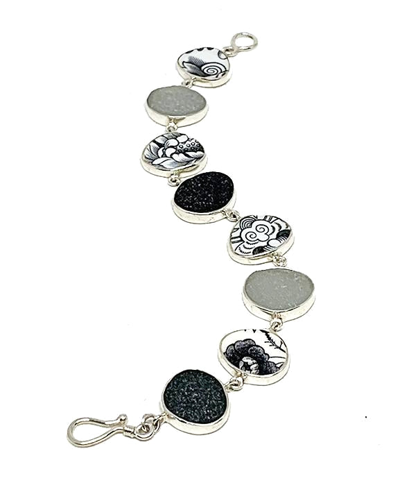 Black and White Vintage Pottery with Shades of Grey Sea Glass Bracelet - 8