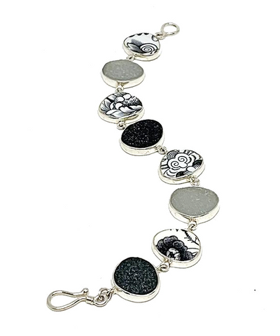 Black and White Vintage Pottery with Shades of Grey Sea Glass Bracelet - 8