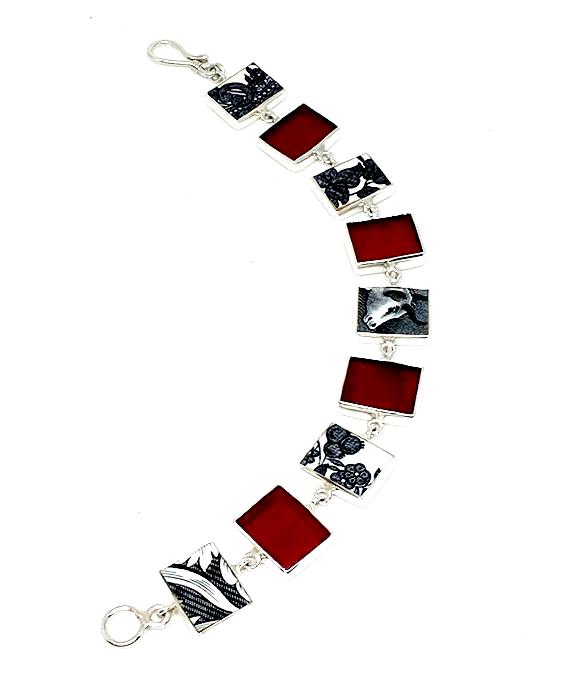 Black and White Vintage Pottery with Red Stained Glass Bracelet - 7 1/2