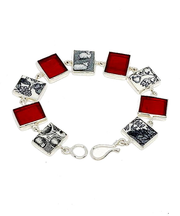 Black and White Vintage Pottery with Red Stained Glass Bracelet - 8
