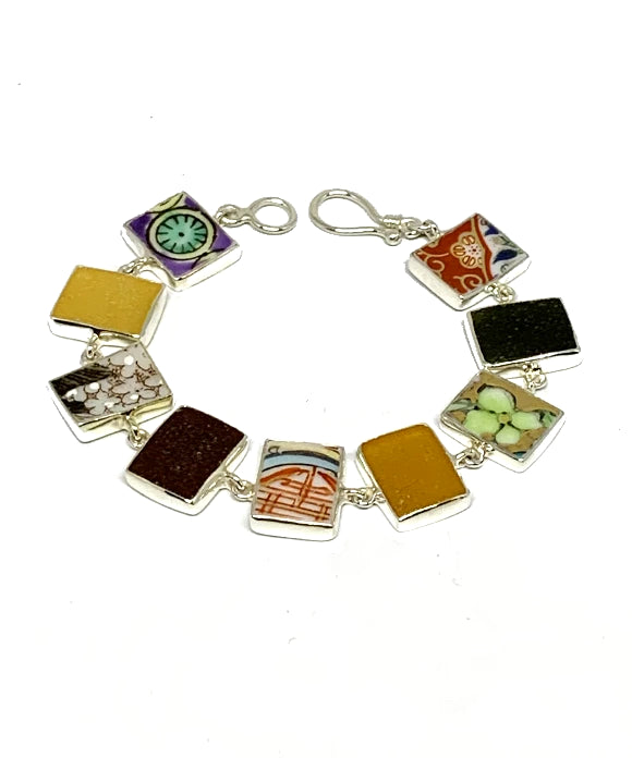 Bold Vintage Pottery & Sea Glass Rectangle Shape Bracelet - 7 1/2