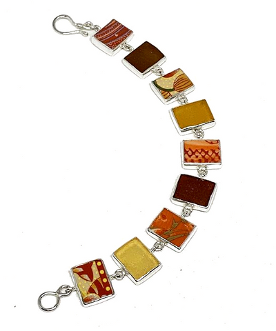 Bold Orange Vintage Pottery & Shades of Amber Sea Glass Rectangle Shape Bracelet - 7 1/2