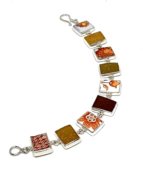 Orange Floral Vintage Pottery & Shades of Amber Sea Glass Rectangle Shape Bracelet - 7 1/2