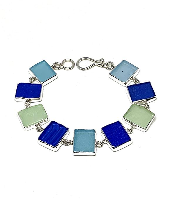 Blue, Soft Green, & Aqua Rectangle Sea Glass Bracelet - 7