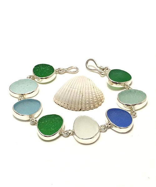 Blue, Green, Aqua and Clear Sea Glass Bracelet