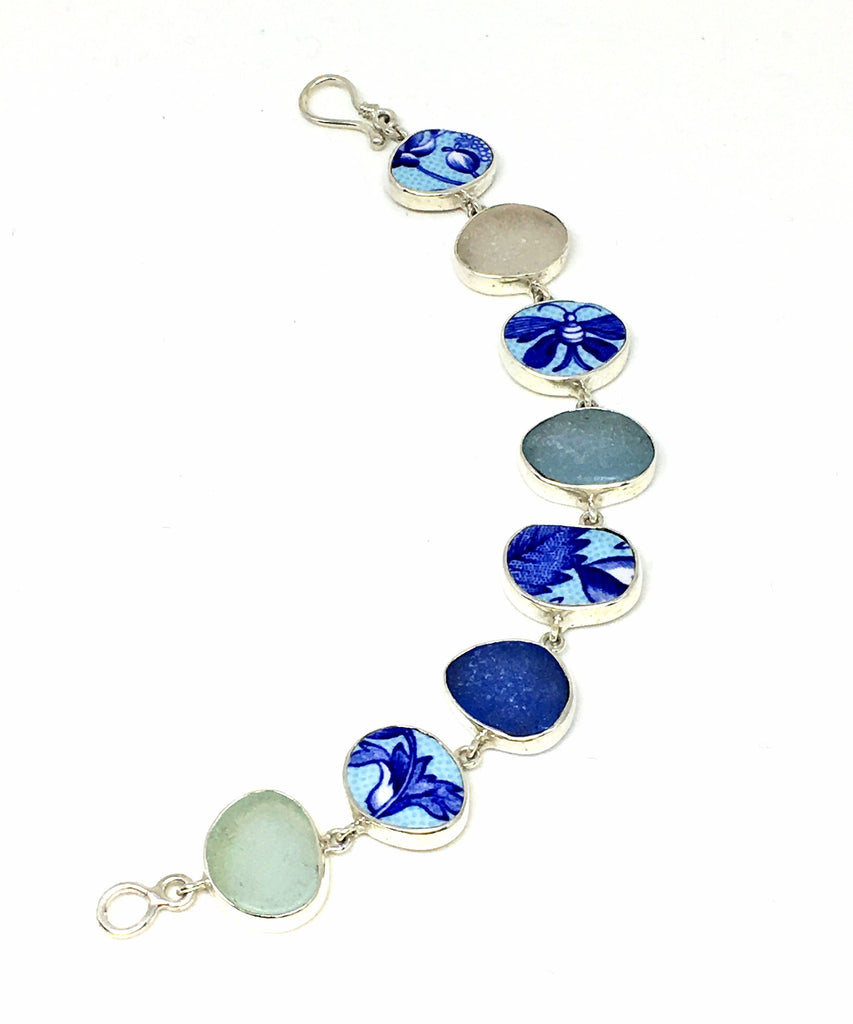 Turquoise & Cobalt Vintage Pottery with Sea Glass Bracelet - 7 1/2