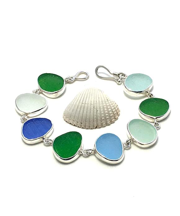 Textured Blue, Green and Aqua Sea Glass Bracelet