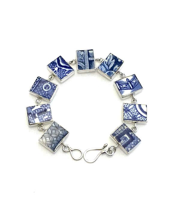Blue and White Rectangle Vintage Pottery Bracelet