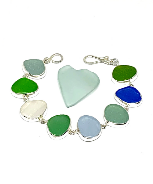 Blue, Green, Aqua & Clear Sea Glass Bracelet - 7 1/2