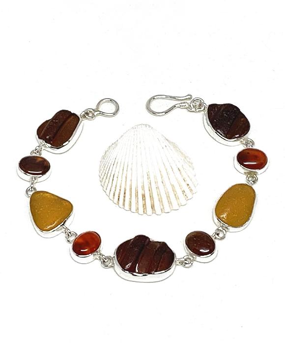 Textured Brown and Amber Sea Glass with Carnelian Stone Bracelet - 8