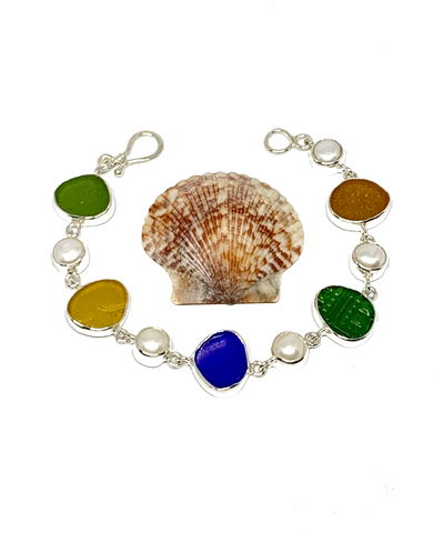 Dark Earth Tone Sea Glass with White Pearl Bracelet - 7 3/4