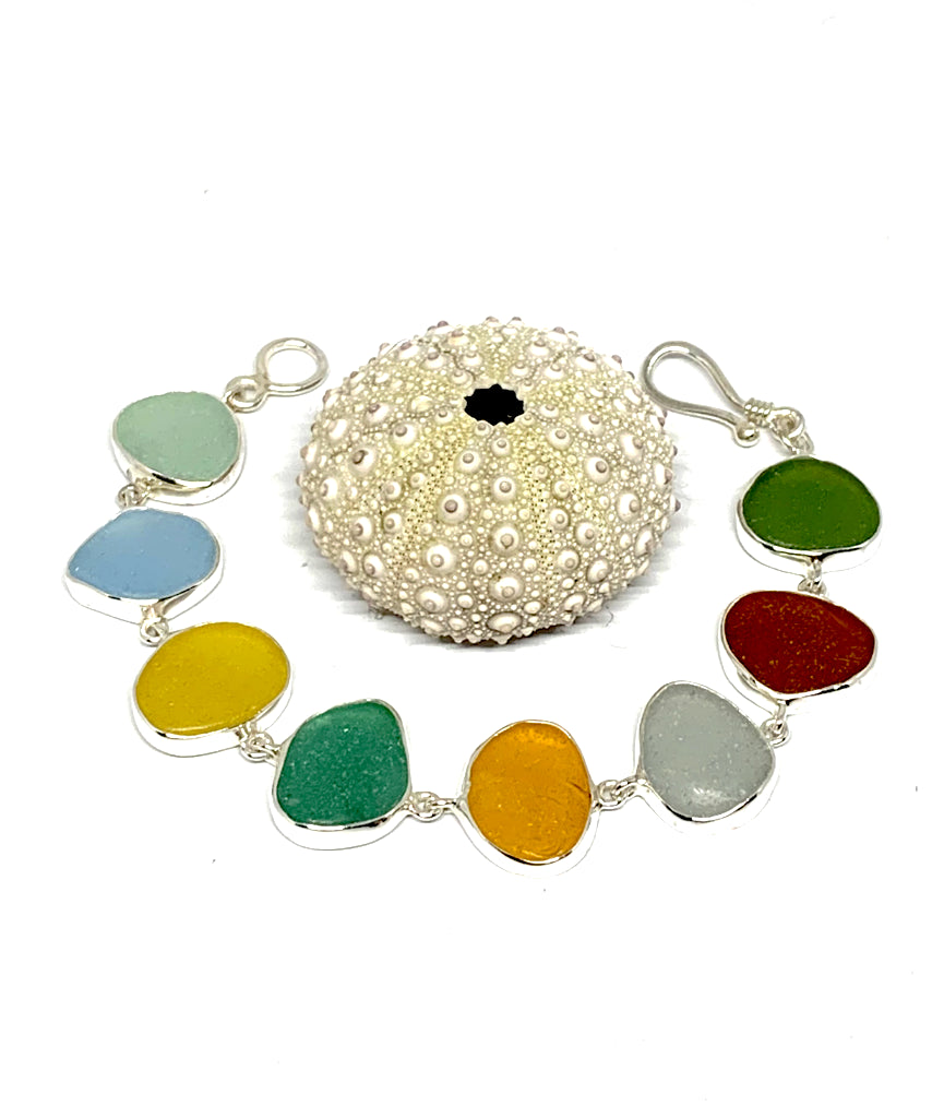 Colorful Earth Tone Sea Glass Bracelet - 7 1/2