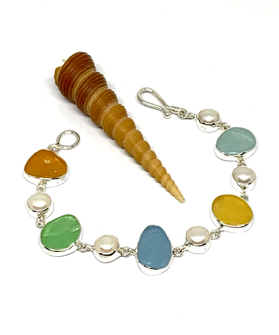 Light Earth Tone Sea Glass with White Pearl Bracelet - 7 1/2