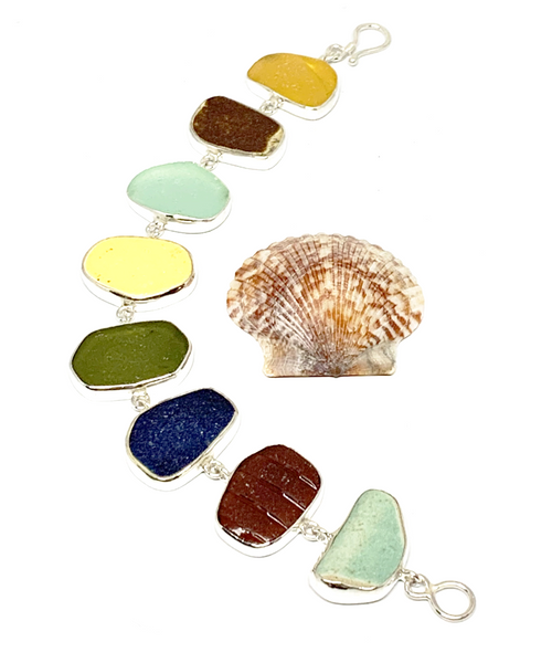 Rich Earth Tone Sea Pottery and Sea Glass Bracelet - 8