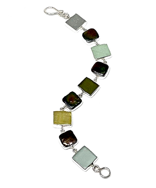 Light Earth Tone Sea Glass with Black Pearl Square Bracelet - 7 1/4