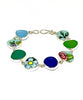 Floral Vintage Pottery & Blue & Green Sea Glass Natural Shape Bracelet - 7 1/2