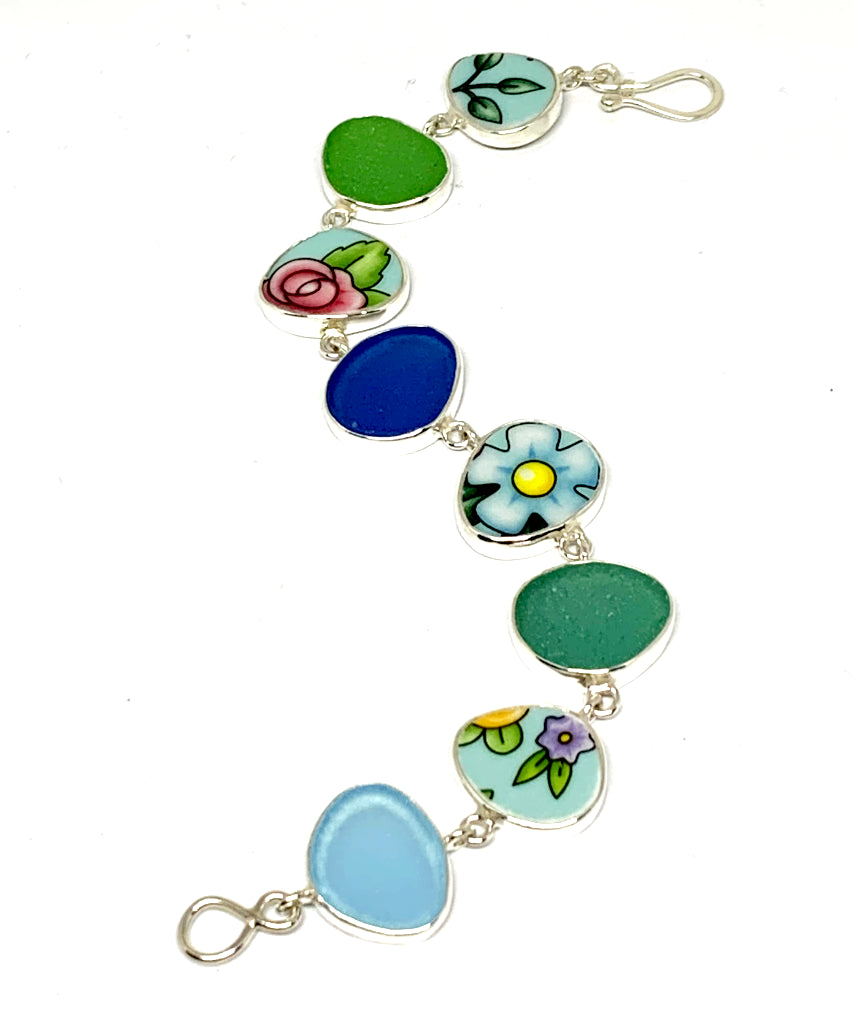 Floral Vintage Pottery & Blue & Green Sea Glass Natural Shape Bracelet - 7 1/2