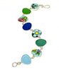 Floral Vintage Pottery & Blue & Green Sea Glass Natural Shape Bracelet - 7 1/2