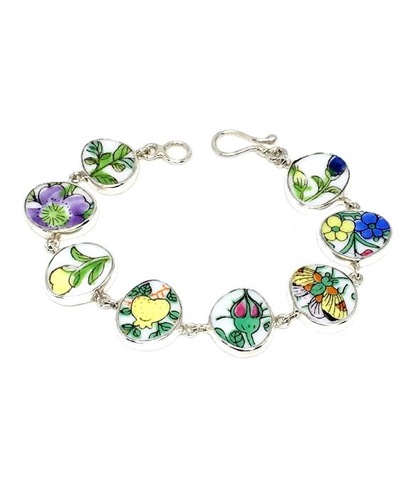Blue Floral Vintage Pottery Bracelet - 7 1/2