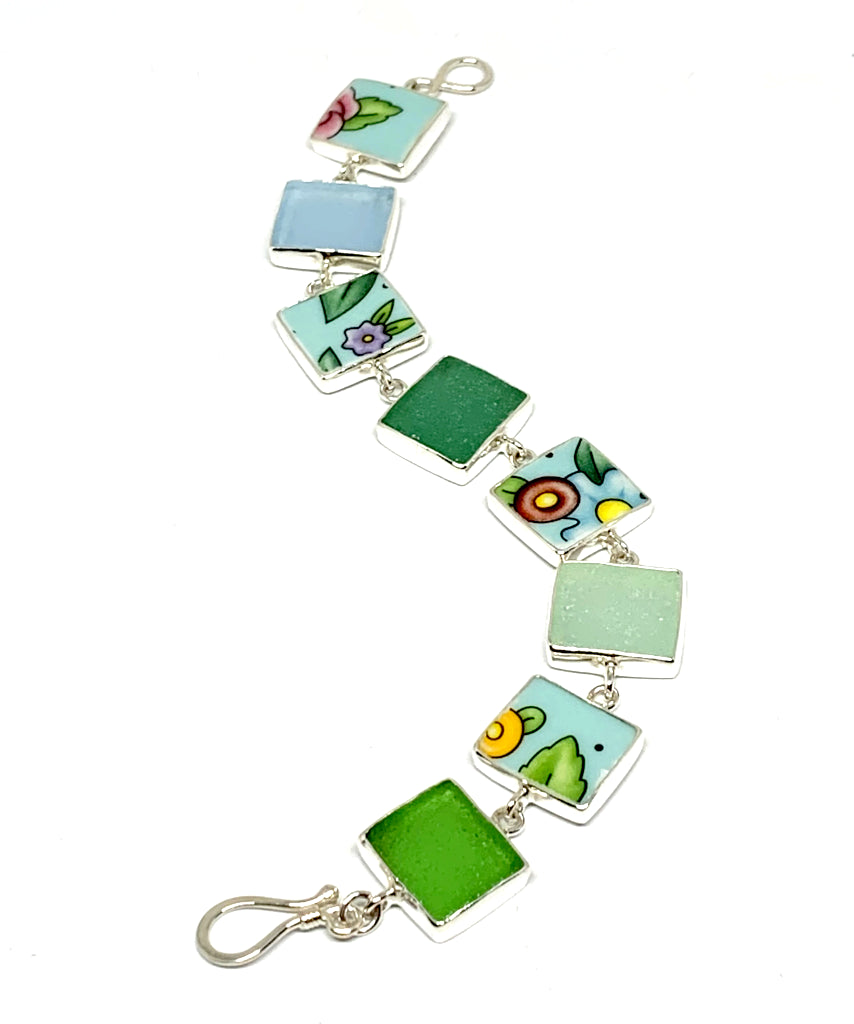 Floral Vintage Pottery with Green & Aqua Sea Glass Rectangular Shape Bracelet - 7 1/2