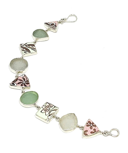 Pink & Mint Green Floral Vintage Pottery & Pastel Sea Glass Multi Shape Bracelet - 7 1/2
