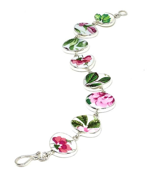 Pink and Green Floral Vintage Pottery Bracelet - 7 1/2