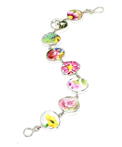 Pink Floral Vintage Pottery Bracelet - 7 1/2