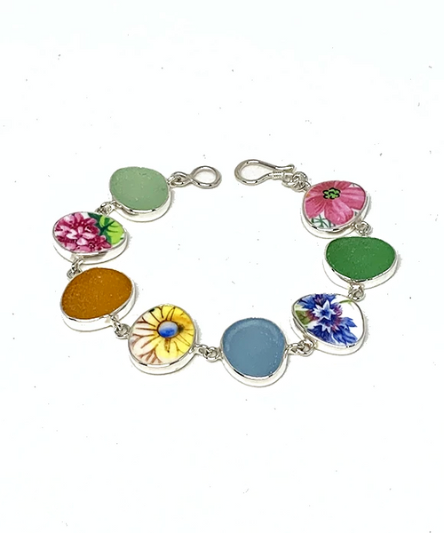 Colorful Floral Vintage Pottery & Sea Glass Multi Shape Bracelet - 7 1/2