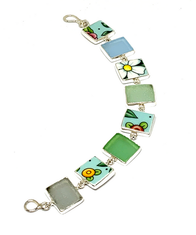Floral Vintage Pottery & Light Sea Glass Rectangular Shape Bracelet - 7 1/2