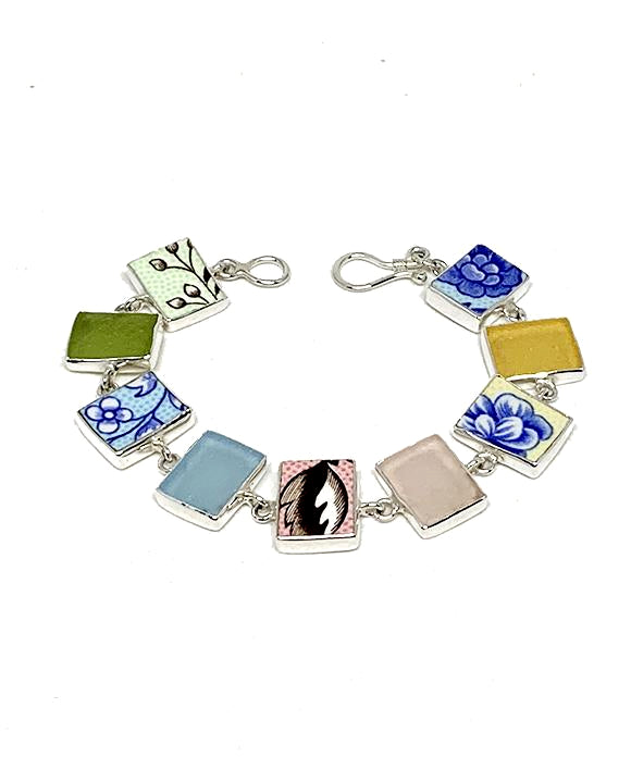 Yellow & Blue Floral Vintage Pottery & Pastel Sea Glass Rectangle Shape Bracelet - 7 1/2