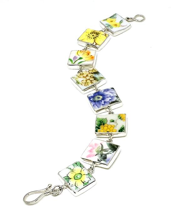 Yellow & Blue Floral Vintage Pottery Bracelet - 7 1/2