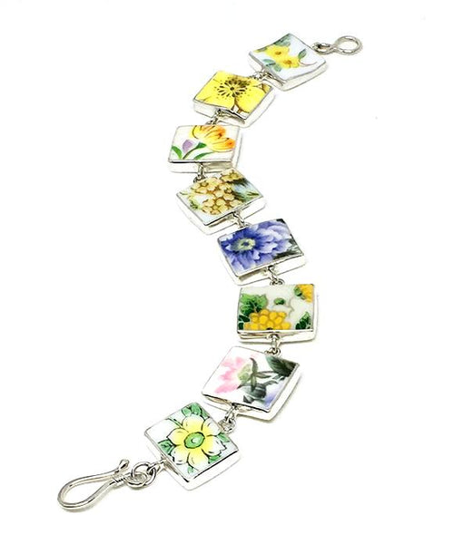 Yellow & Blue Floral Vintage Pottery Bracelet - 7 1/2