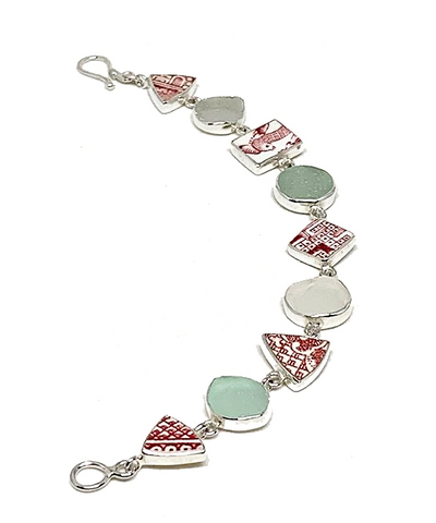 Red & White Vintage Pottery & Aqua with Clear Sea Glass Multi Shape Bracelet - 7 1/2