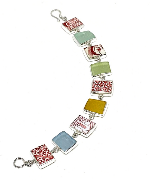 Red & White Vintage Pottery with Pastel Sea Glass Rectangle Bracelet - 7 1/2