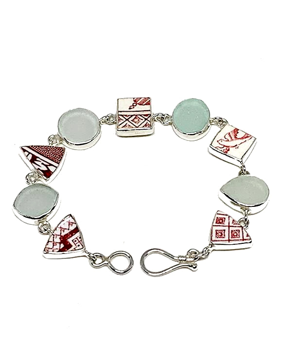 Red & White Vintage Pottery with Clear and Aqua Sea Glass Multi Shape Bracelet - 7 1/2