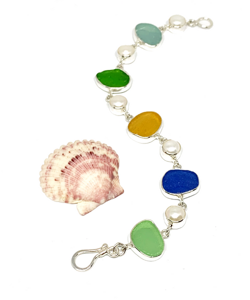 Textured Earth Tone Sea Glass with White Pearl Bracelet - 7 3/4