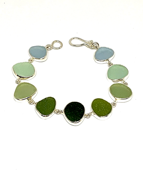 Soft Blue, Aqua, Sage Green to Dark Olive Natural Shape Sea Glass Bracelet - 7 1/2