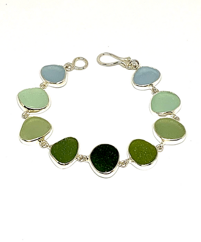 Soft Blue, Aqua, Sage Green to Dark Olive Natural Shape Sea Glass Bracelet - 7 1/2