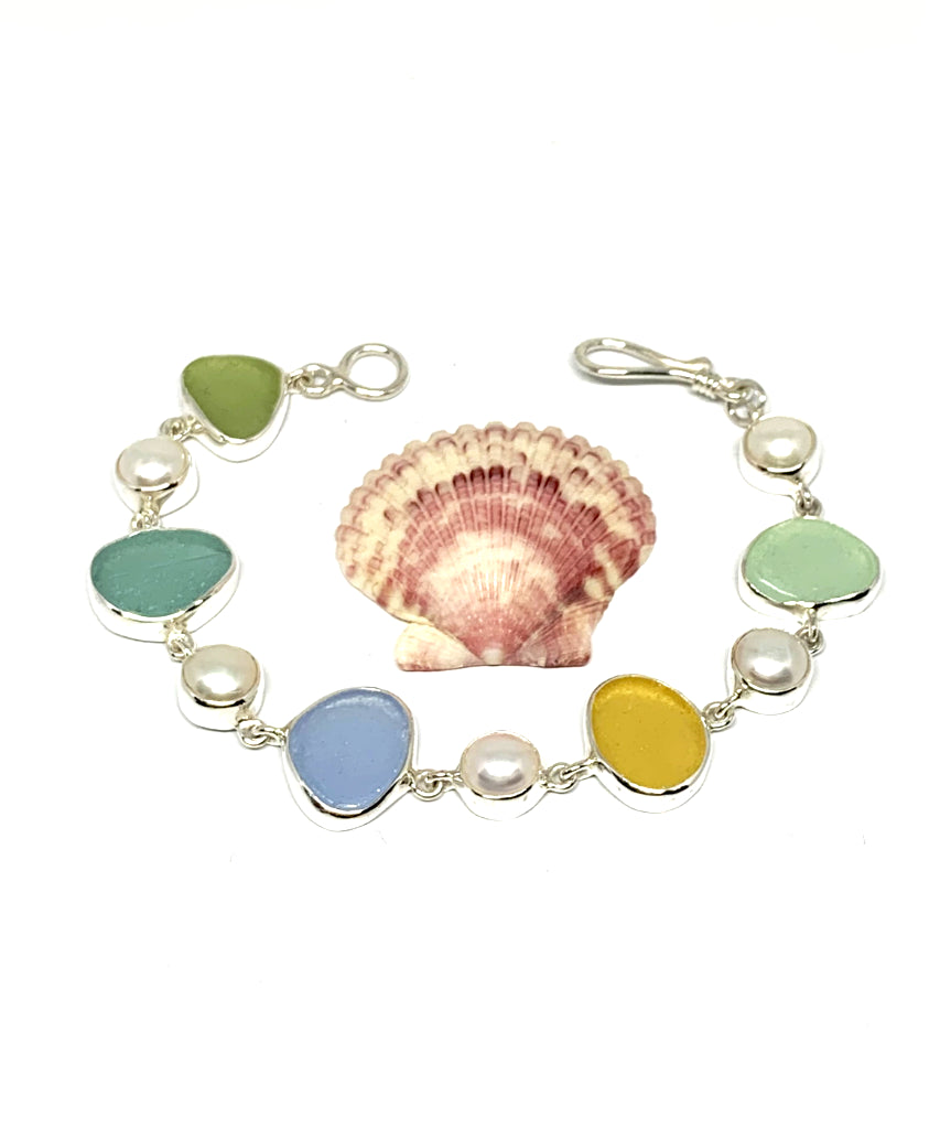 Pastel Earth Tone Sea Glass with White Pearl Bracelet - 7 1/2
