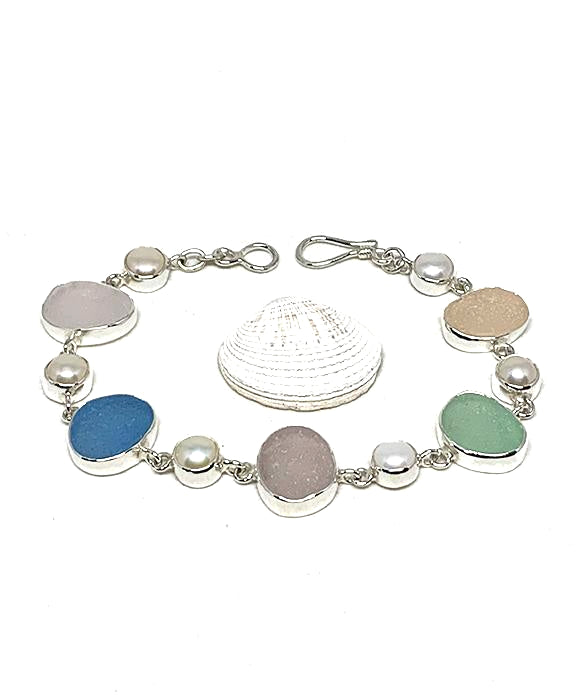 Pastel Sea Glass with White Pearl Square Bracelet - 8 1/2