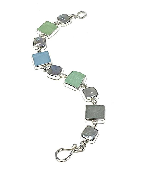 Aqua & Grey Sea Glass with Grey Pearl Square Bracelet - 7