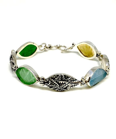 Textured Sea Glass & Cast Art Deco Leaf Bracelet