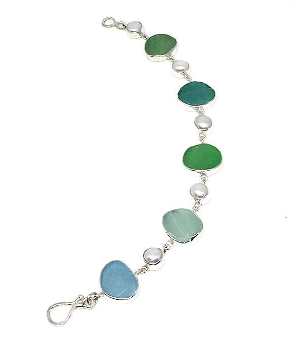 Textured Green, Blue & Aqua Sea Glass with Pearls Bracelet