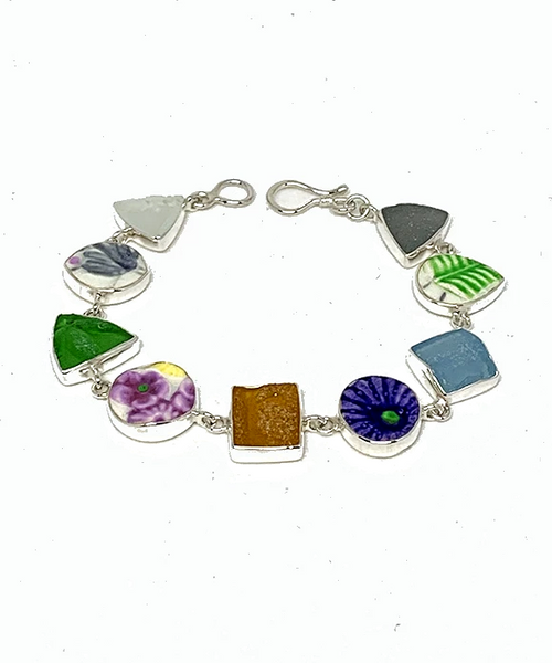 Textured Floral Vintage Pottery & Sea Glass Multi Shape Bracelet - 7 1/2