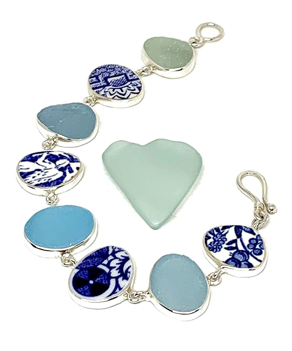 Blue & White Vintage Pottery & Aqua Sea Glass Natural Shape Bracelet - 7 1/2