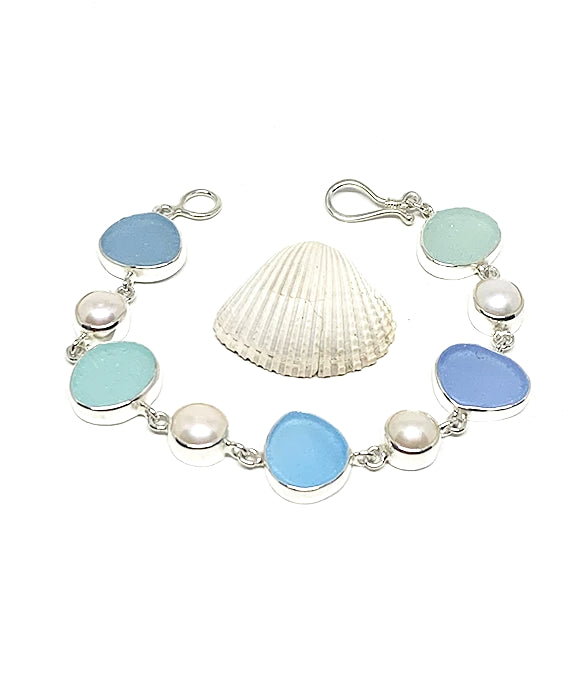 Shades of Aqua Sea Glass with Pearl Bracelet - 7 1/2