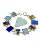 Bold Vintage Pottery & Shades of Blue Sea Glass Rectangle Shape Bracelet - 7 1/2