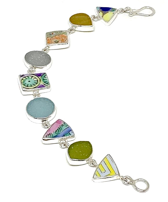 Bold Vintage Pottery & Light Earth Tone Sea Glass Multi Shape Bracelet - 7 1/2