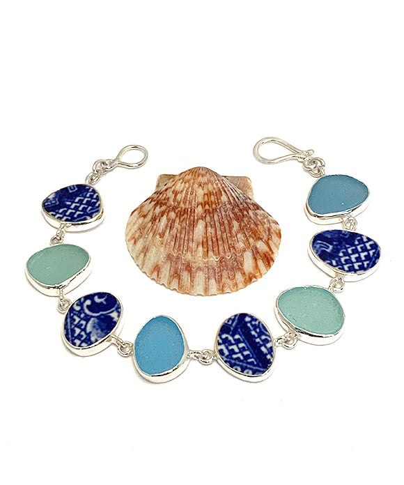 Blue & White Vintage Pottery with Blue & Aqua Sea Glass Bracelet - 7 1/2