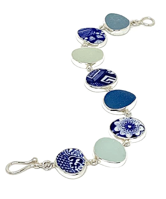 Blue & White Vintage Pottery & Shades of Aqua Sea Glass Natural Shape Bracelet - 7 1/2